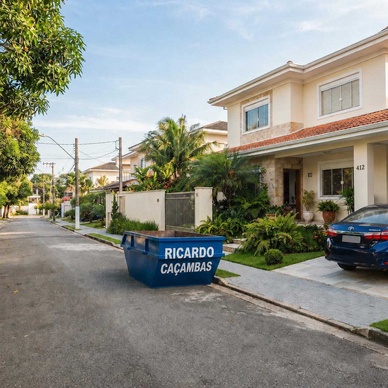 Caçamba Ricardo Caçambas azul estacionada na rua em frente a uma casa residencial